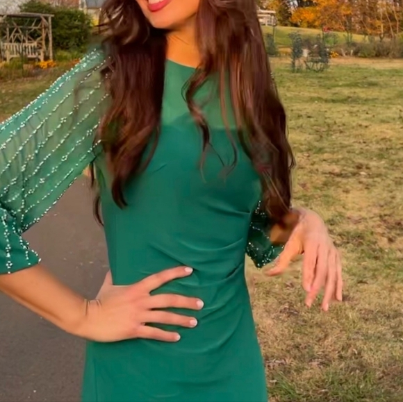 Marina Boat Neck Long Beaded Elastic Cuff Sleeve Matte Jersey Back Slit MidDress - Picture 5 of 12